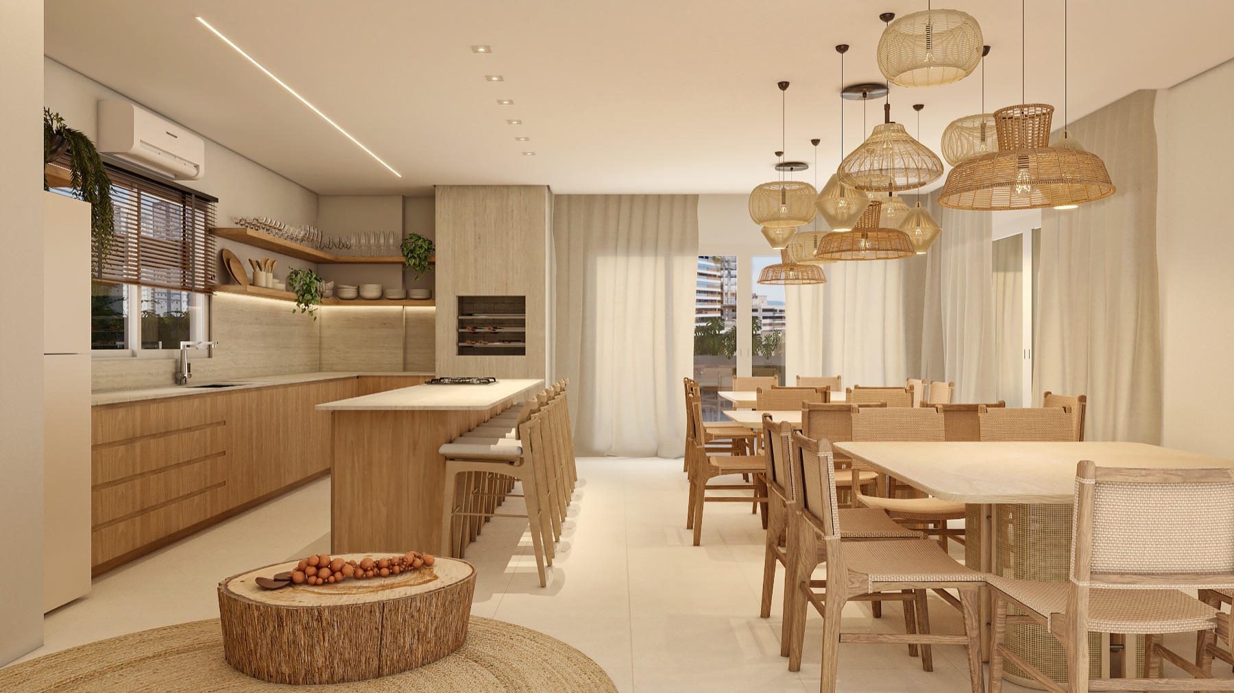 Perspectiva do espaço gourmet com mesas e cozinha